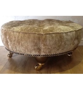 Large Round Deep Buttoned Footstool Stool In Laura Ashley Caitlyn Biscuit Fabric