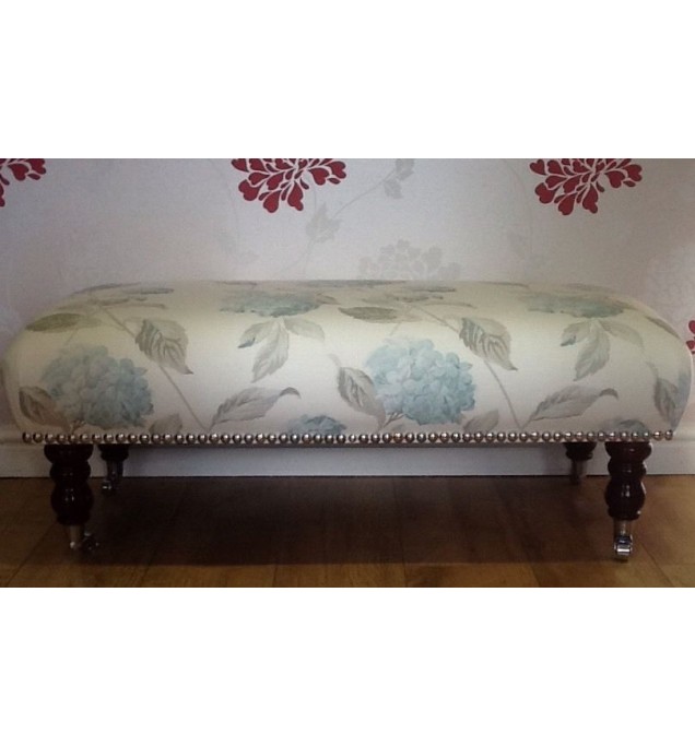 A Quality Long Footstool / Stool In Laura Ashley Hydrangea Duck Egg Fabric