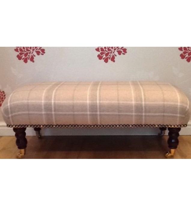 A Quality Long Footstool In Laura Ashley Highland Wool Check Natural Fabric