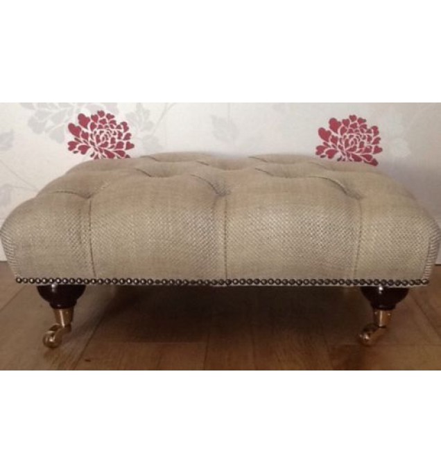 A Quality Deep Buttoned Footstool In Laura Ashley Dalton Natural Fabric