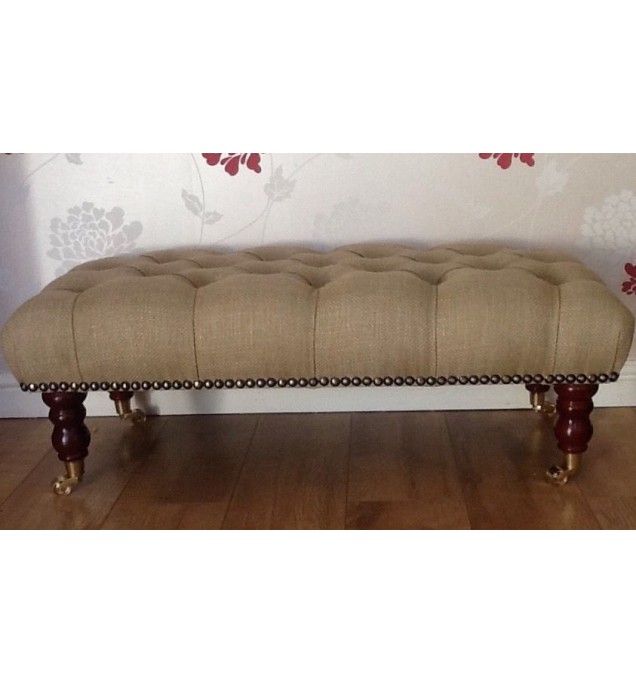A Quality Long Deep Buttoned Footstool In Laura Ashley Dalton Gold Fabric
