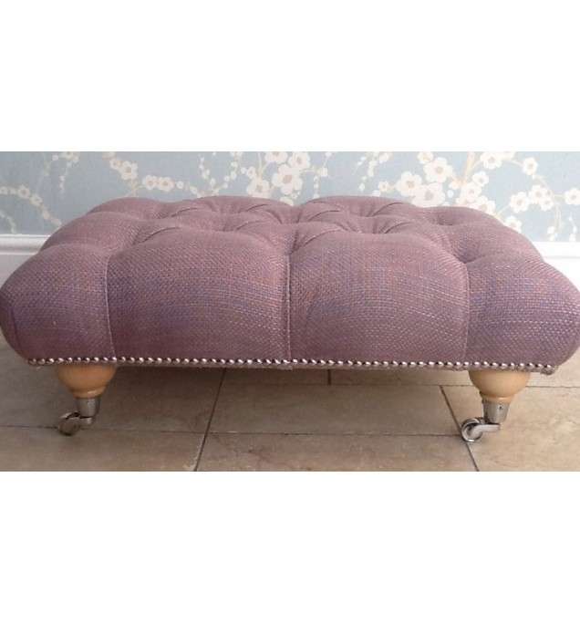 A Quality Deep Buttoned Footstool In Laura Ashley Dalton Amethyst Fabric