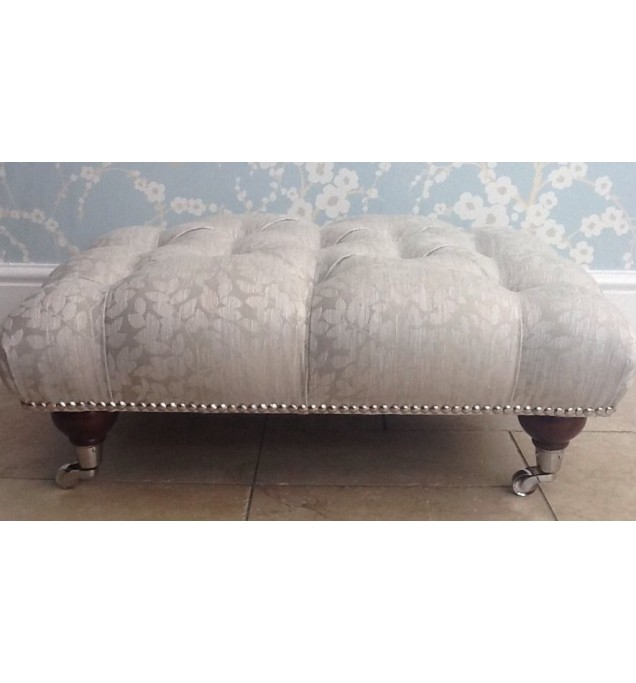 A Quality Deep Buttoned Footstool In Laura Ashley Kiera Silver Fabric