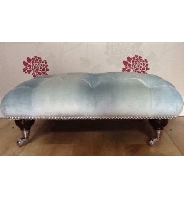 A Quality Deep Buttoned Footstool In Laura Ashley Murano Duck Egg Velvet Fabric