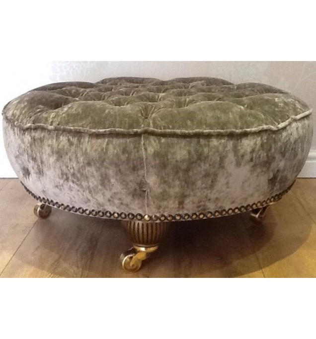 Large Round Deep Buttoned Footstool Stool In Laura Ashley Caitlyn Truffle Fabric
