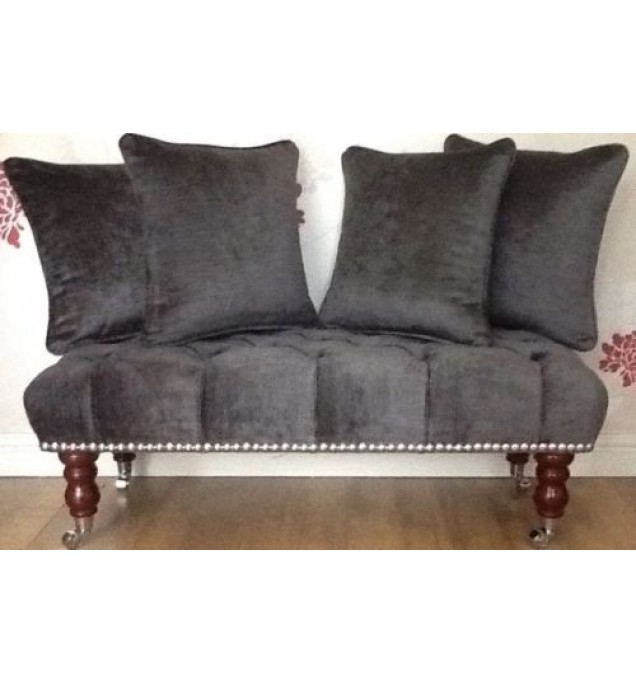 Long Deep Buttoned Footstool & Cushions Laura Ashley Villandry Charcoal Fabric