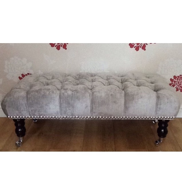 A Quality Long Deep Buttoned Footstool In Laura Ashley Villandry Grey Fabric