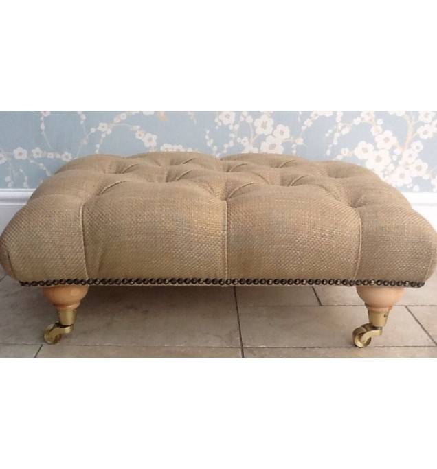 A Quality Deep Buttoned Footstool In Laura Ashley Dalton Gold Fabric