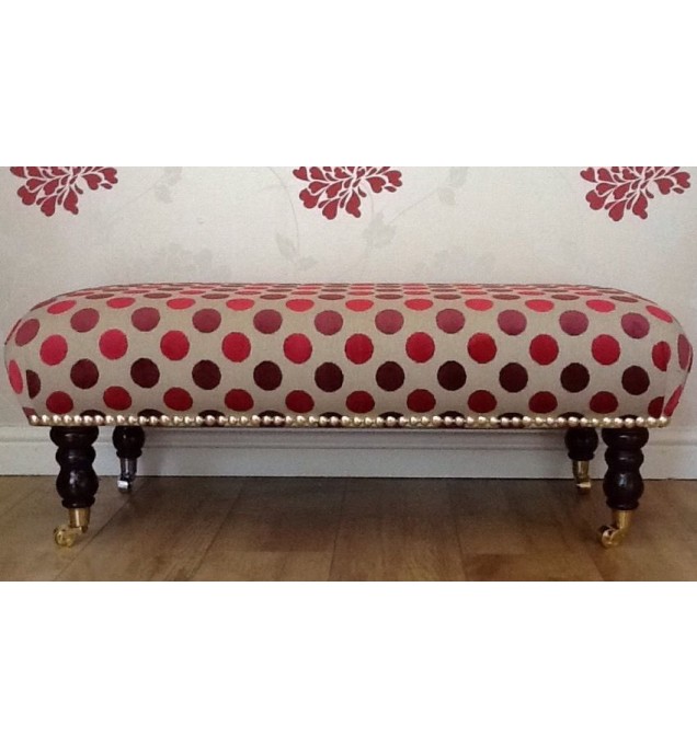 A Quality Long Footstool In Laura Ashley Brennan Spot Cranberry Velvet Fabric