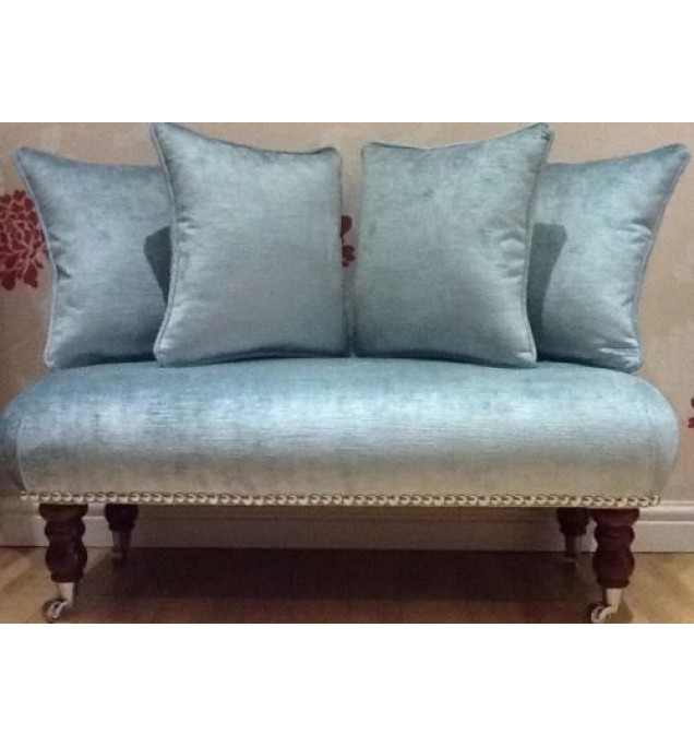 Long Footstool Stool & 4 Cushions In Laura Ashley Villandry Duck Egg Fabric