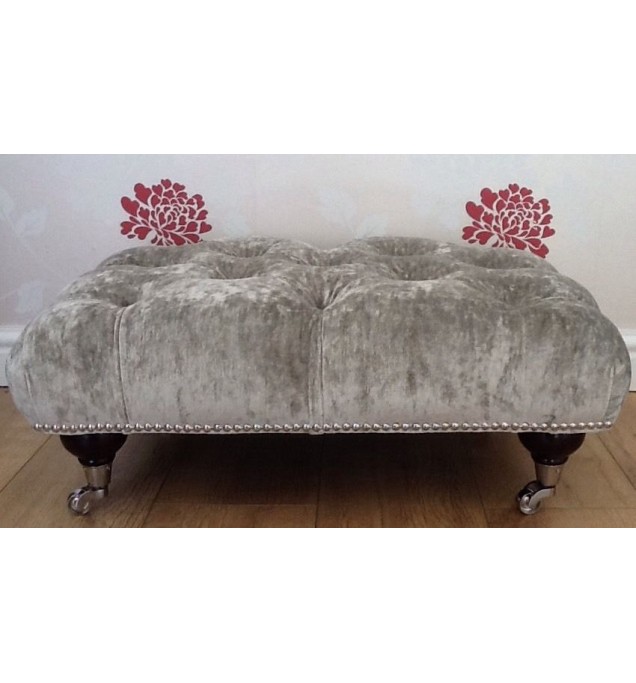 A Quality Deep Buttoned Footstool In Laura Ashley Caitlyn Silver Fabric