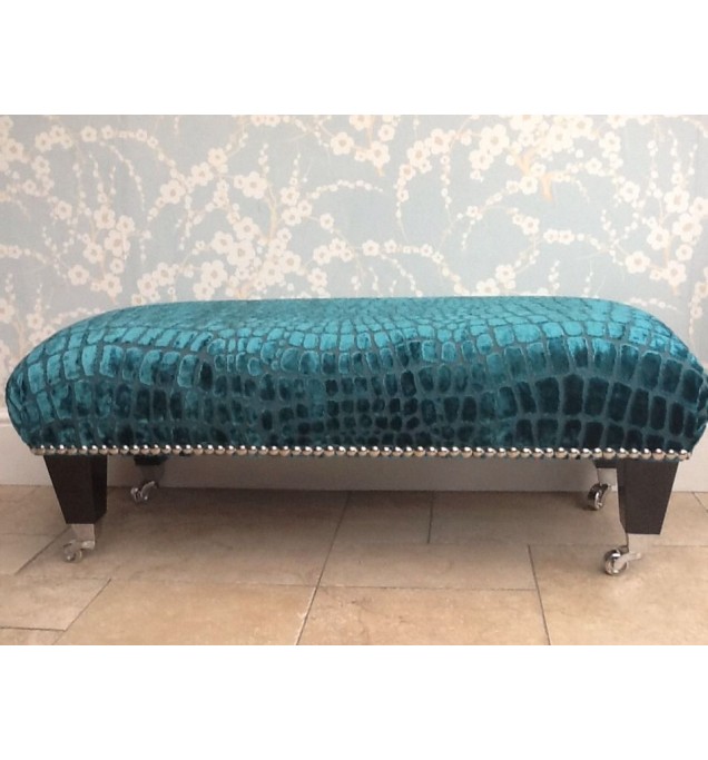 A Quality Long Footstool In Designers Guild Nabucco Turquoise Fabric