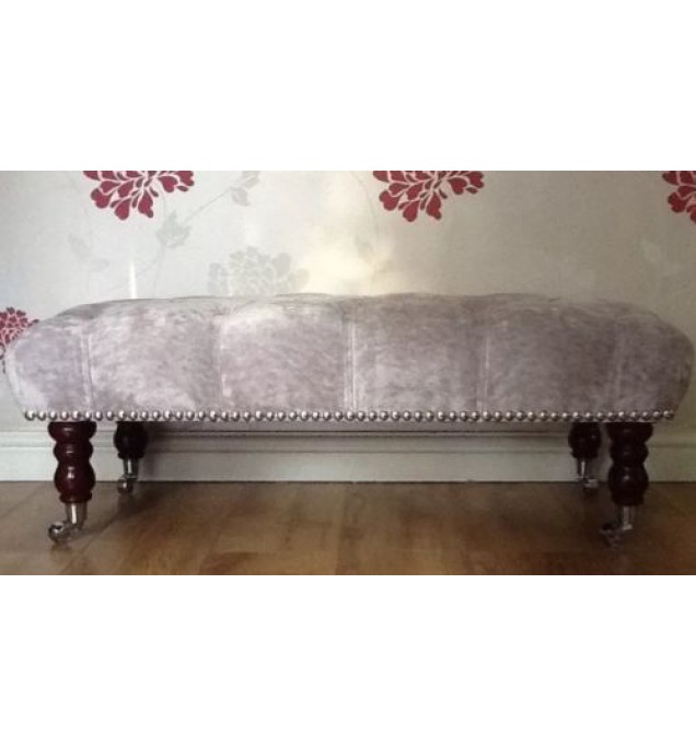 A Quality Long Deep Buttoned Footstool In Laura Ashley Caitlyn Amethyst Fabric