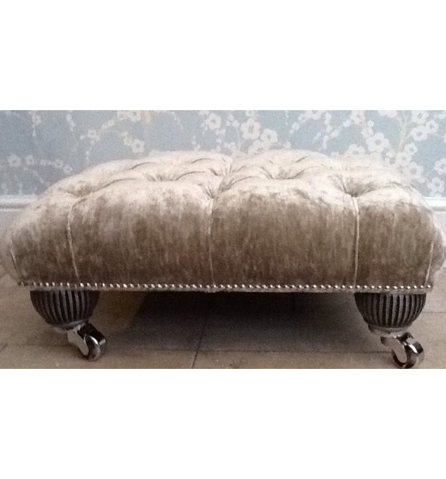 A Quality Deep Buttoned Footstool In Laura Ashley Caitlyn Silver Fabric