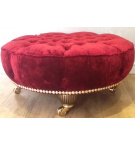 Large Round Deep Buttoned Footstool Stool Laura Ashley Caitlyn Cranberry Fabric