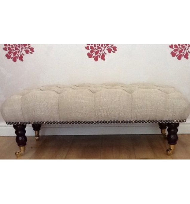 A Quality Long Deep Buttoned Footstool In Laura Ashley Dalton Natural Fabric