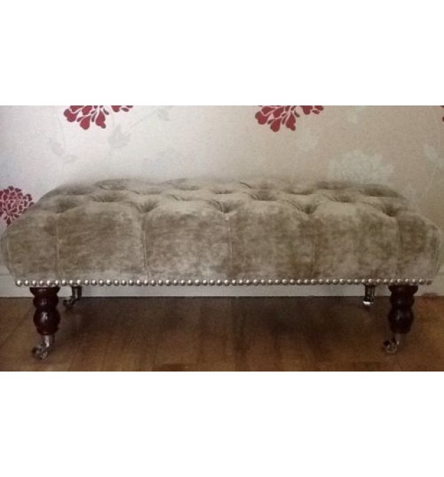 A Quality Long Deep Buttoned Footstool In Laura Ashley Caitlyn Silver Fabric