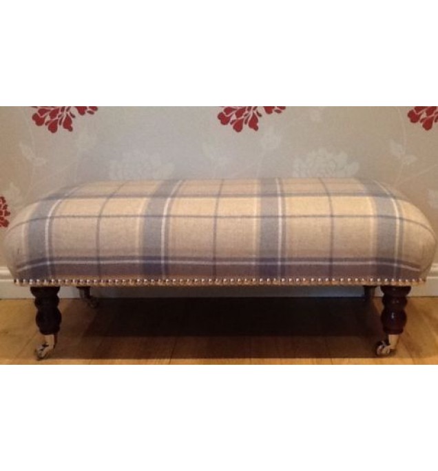 A Quality Long Footstool In Laura Ashley Highland Wool Check Seaspray Fabric