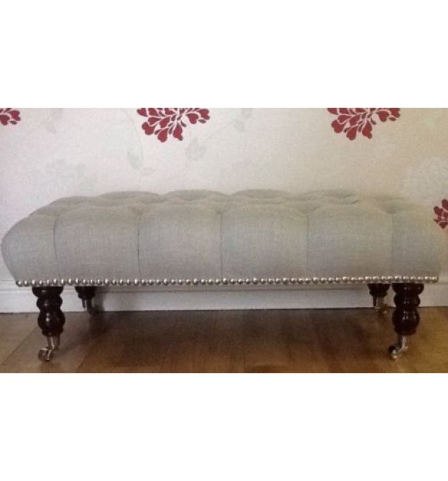 A Quality Long Deep Buttoned Footstool In Laura Ashley Dalton Dove Grey Fabric