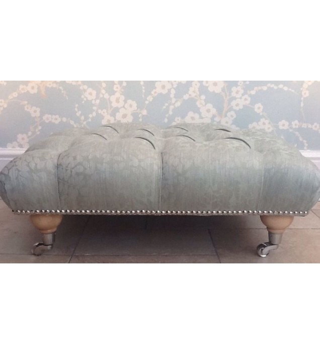 A Quality Deep Buttoned Footstool In Laura Ashley Kiera Eau De Nil Fabric