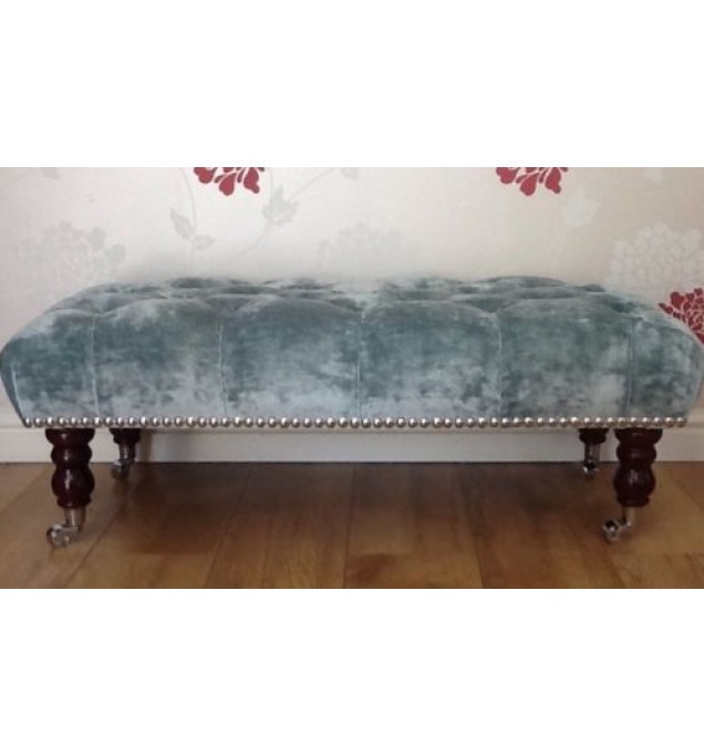 A Quality Long Deep Buttoned Footstool In Laura Ashley Caitlyn Duck Egg Fabric