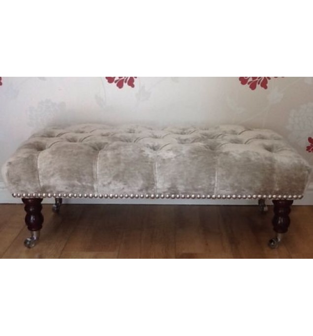 A Quality Long Deep Buttoned Footstool In Laura Ashley Caitlyn Sable Fabric