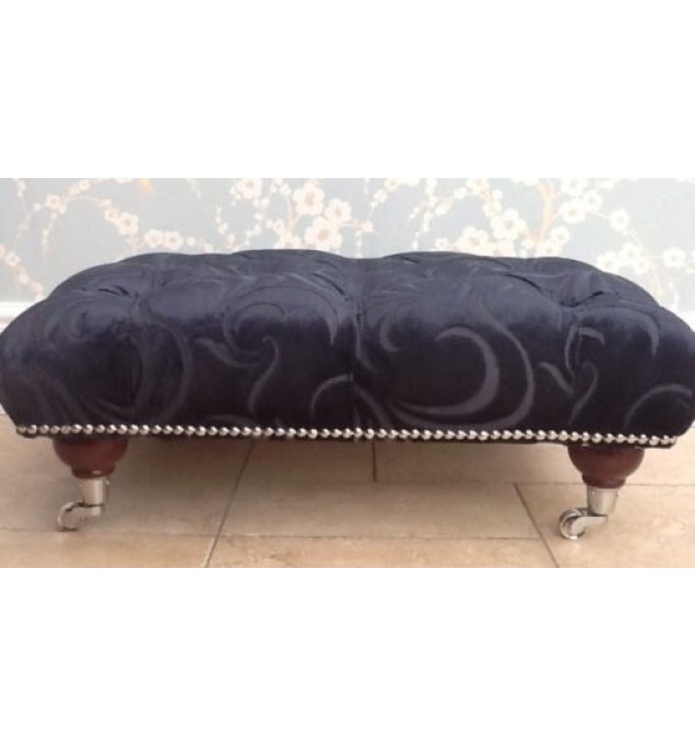 A Quality Deep Buttoned Footstool In Laura Ashley Ellison Midnight Fabric