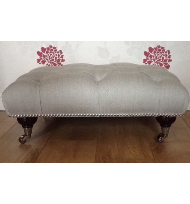 A Quality Deep Buttoned Footstool In Laura Ashley Edwin Dove Grey Fabric