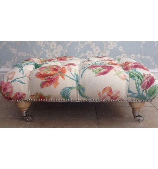 A Quality Deep Buttoned Footstool In Laura Ashley Gosford Cerise Fabric