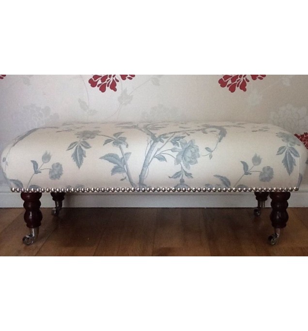 A Quality Long Footstool In Laura Ashley Summer Palace Duck Egg Off White Fabric