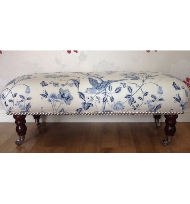 A Quality Long Footstool / Stool In Laura Ashley Summer Palace Royal Blue Fabric