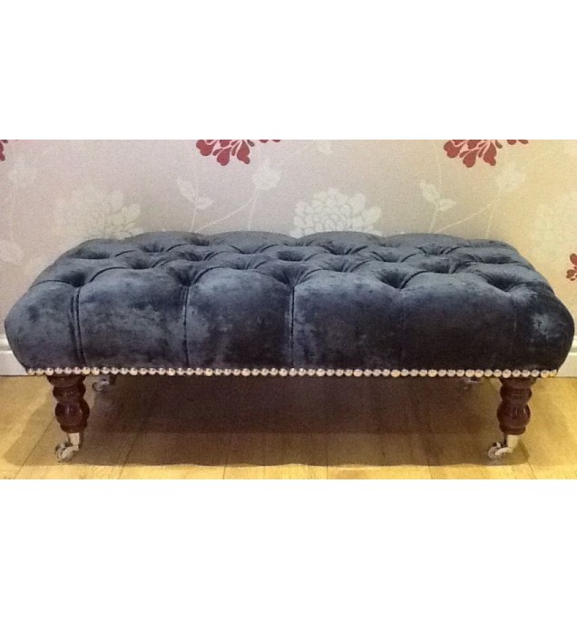 A Quality Long Deep Buttoned Footstool In Laura Ashley Caitlyn Midnight Fabric