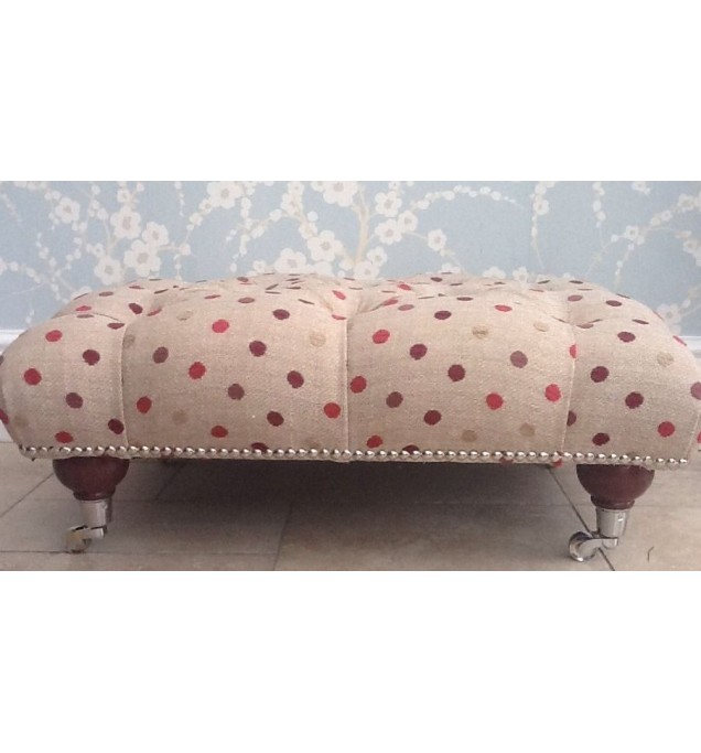 A Quality Deep Buttoned Footstool In Laura Ashley Maggy Spot Cranberry Fabric