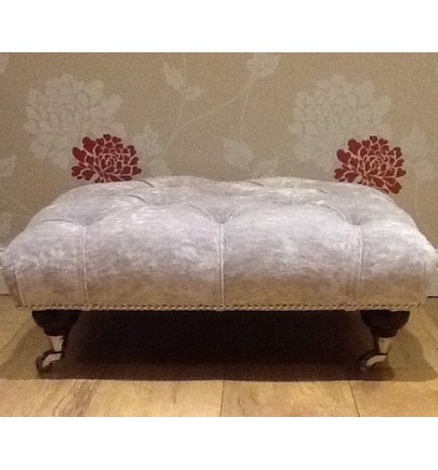 A Quality Deep Buttoned Footstool In Laura Ashley Caitlyn Light Amethyst Fabric